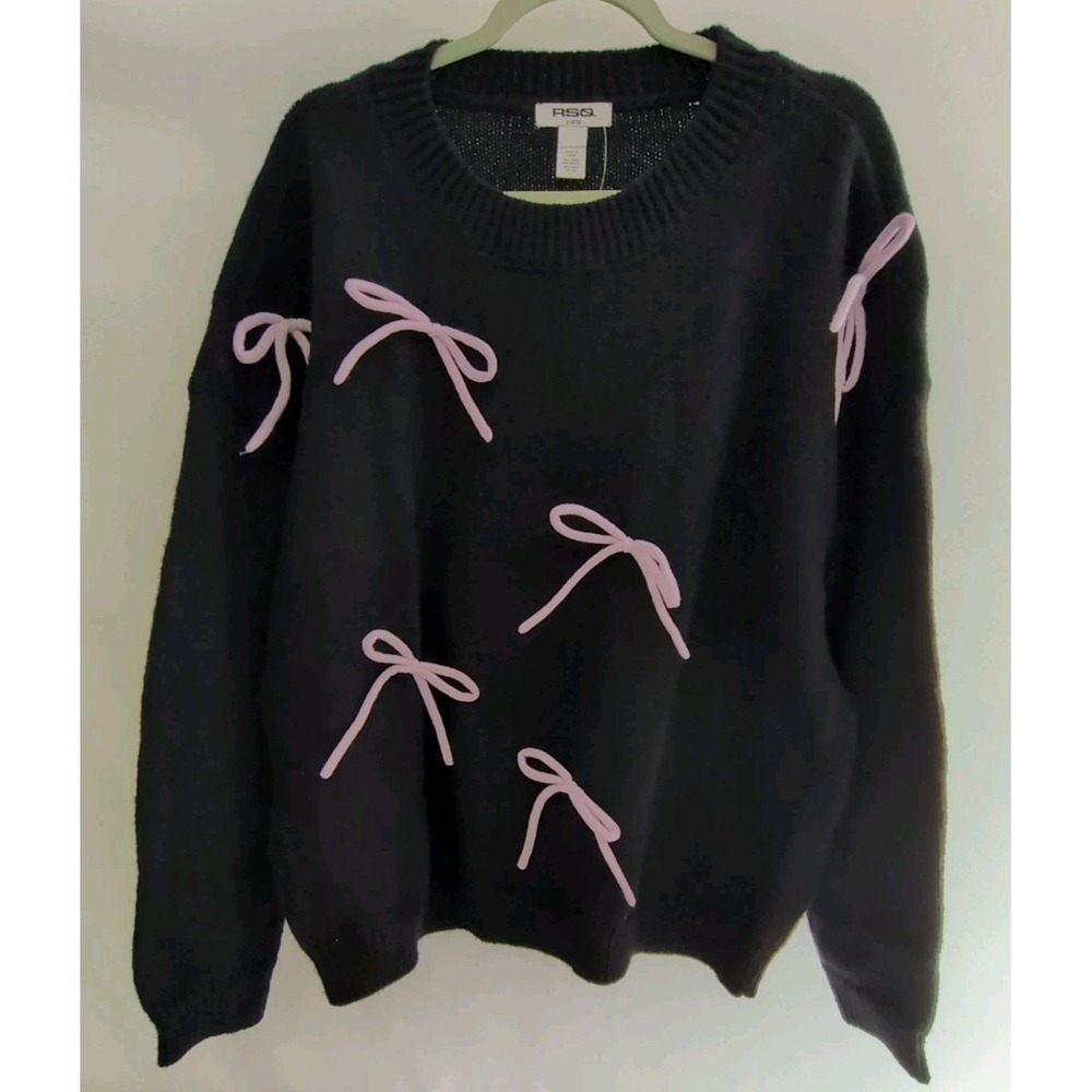 RSQ Women's Black Crew Neck Sweater with Pink Bow Size XL New With Tags‎